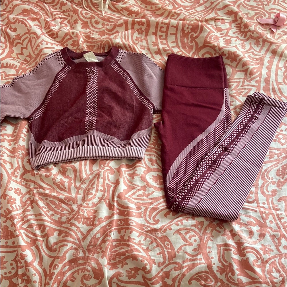 Fabletics Burgundy and Pink Women's Top and Leggings Set